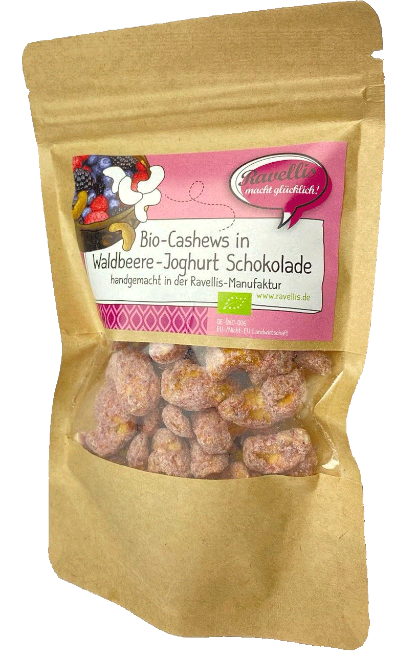 Bio-Cashews in Waldbeere-Joghurt Schokolade handgemacht in der Ravellis-Manufaktur